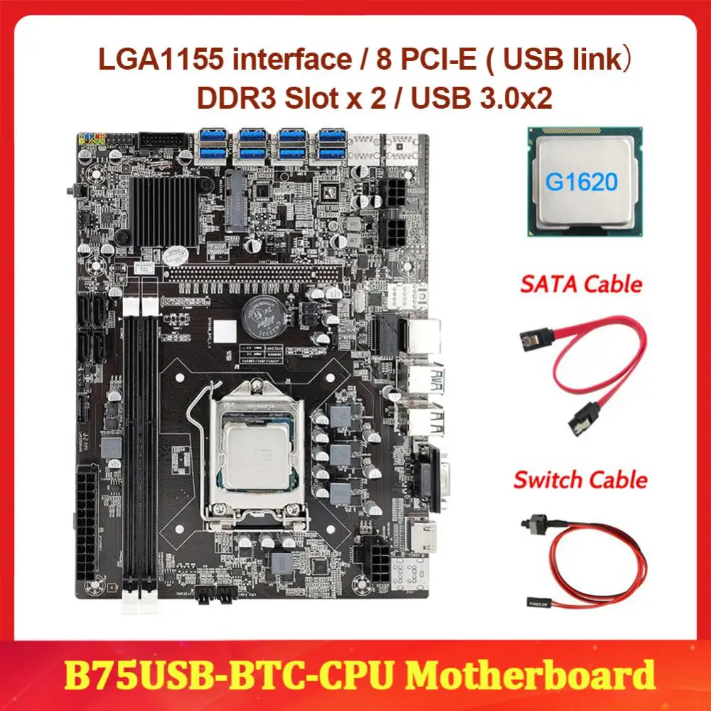 Материнская плата B75 BTC для майнинга + ЦП G1620 + кабель SATA + кабель переключения LGA1155 8 * PCIE на USB поддержка 2 * DDR3 B75 USB материнская плата BTC
