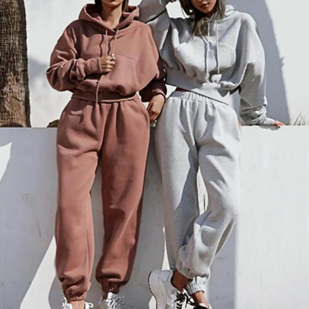 

2 Pcs/Set Comfortable Hoodie Trousers Suit Hooded Thick Fall Hoodie Pants Set Drawstring Women Winter Tracksuit