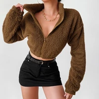 2021 new autumn and winter womens pure color lamb wool cardigan hipster stand up collar short zipper long sleeved top women