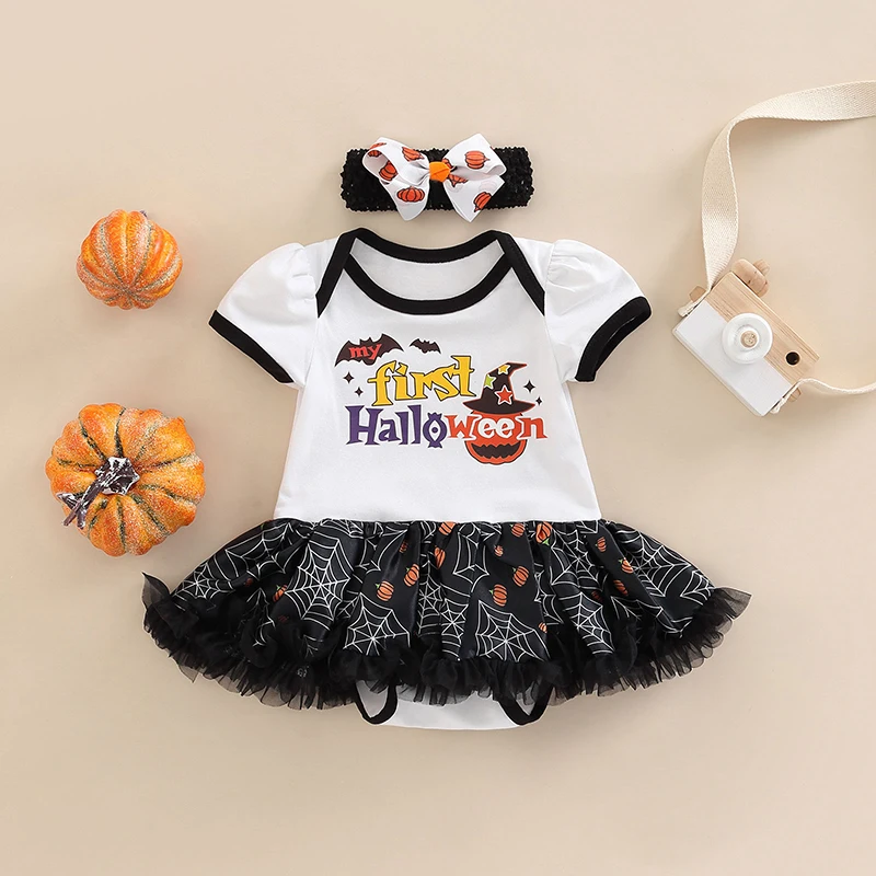 

0-18 Months Baby Girls Short Sleeve Romper Headband Fashion Halloween Printed Skirt Stitching Bodysuit Soft And Casual New