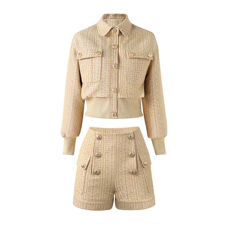 

Newest Women Two Piece Short Sets High Texture Casual Fashion Trendy Studd Buckles Short Turn-Down Collar Jacket Ladies Outfits