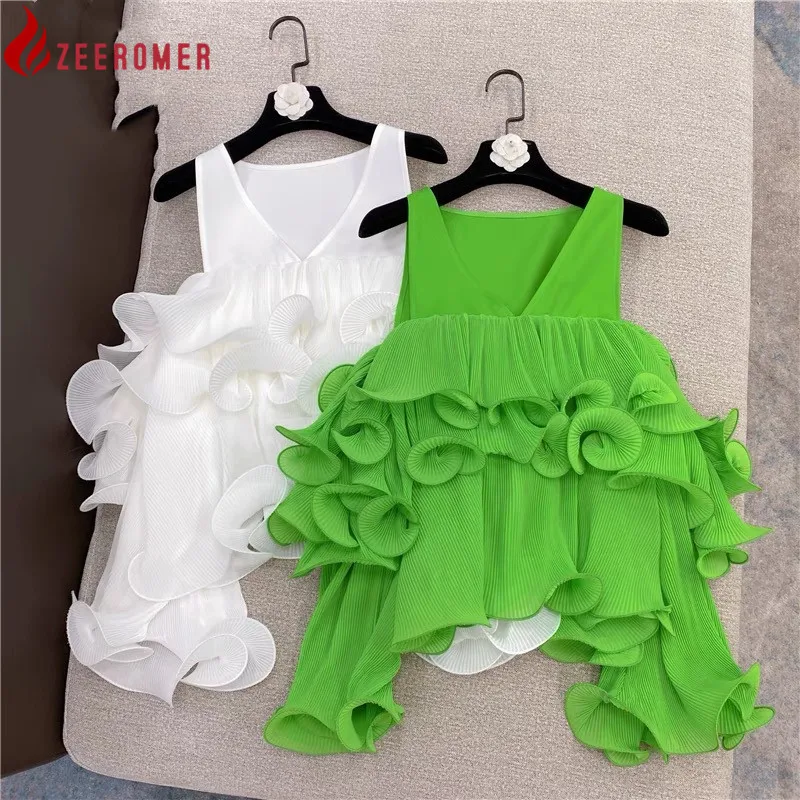 

Korean Fashion Sleeveless lrregular Chic Tops Women 2021Summer Princess Style Pleated Cake Ruffled Chiffon Shirt Female Holiday