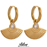 yhpup stainless steel fan geometric drop zircon fashion hoop earrings gold color stylish unique charm chic aretes jewelry women