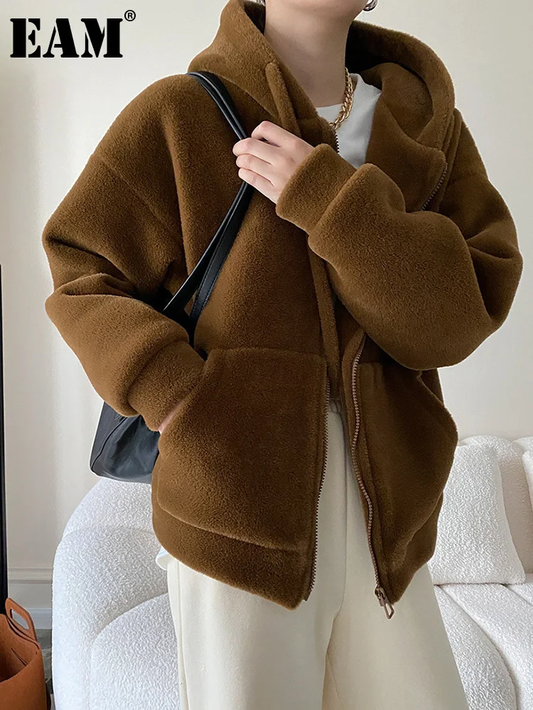 

[EAM] Loose Fit Casual Big Size Drawstring Warm Jacket New Hooded Long Sleeve Women Coat Fashion Tide Autumn Winter 2023 1DF4006