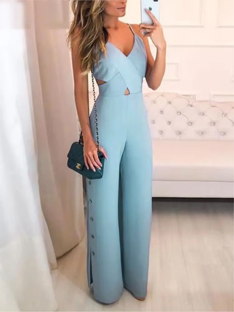

Crisscross Spaghetti Jumpsuit Women 2023 Summer New Fashion Strap Button Slit Side Sexy V-neck Casual Loose Blue Jumpsuits