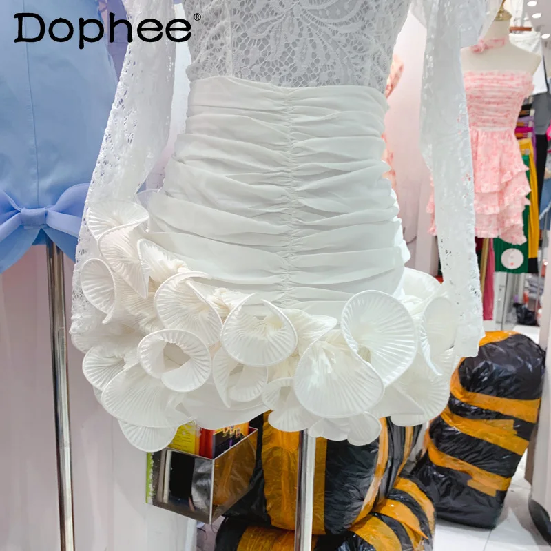 

2022 Summer New Korean Irregular Three-Dimensional Ruffles Ball Gown Skirt Women High Waist Slim Fit Chiffon Mini Pleated Skirt