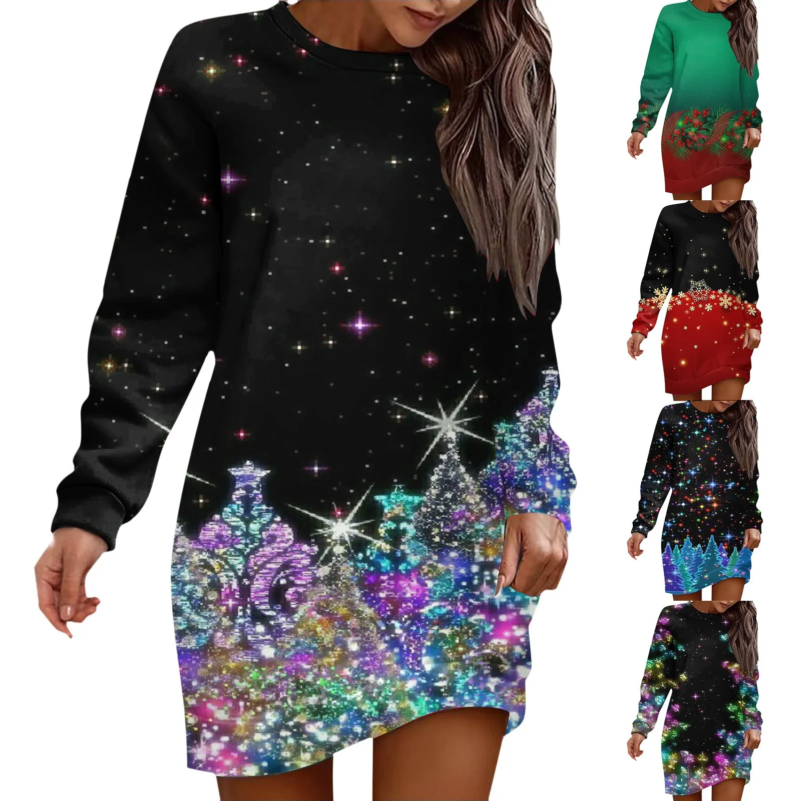 

Women Autumn And Winter Casual Fashion Print Round Neck Long Sleeve Tunic Dress Dressed for Womens Summer