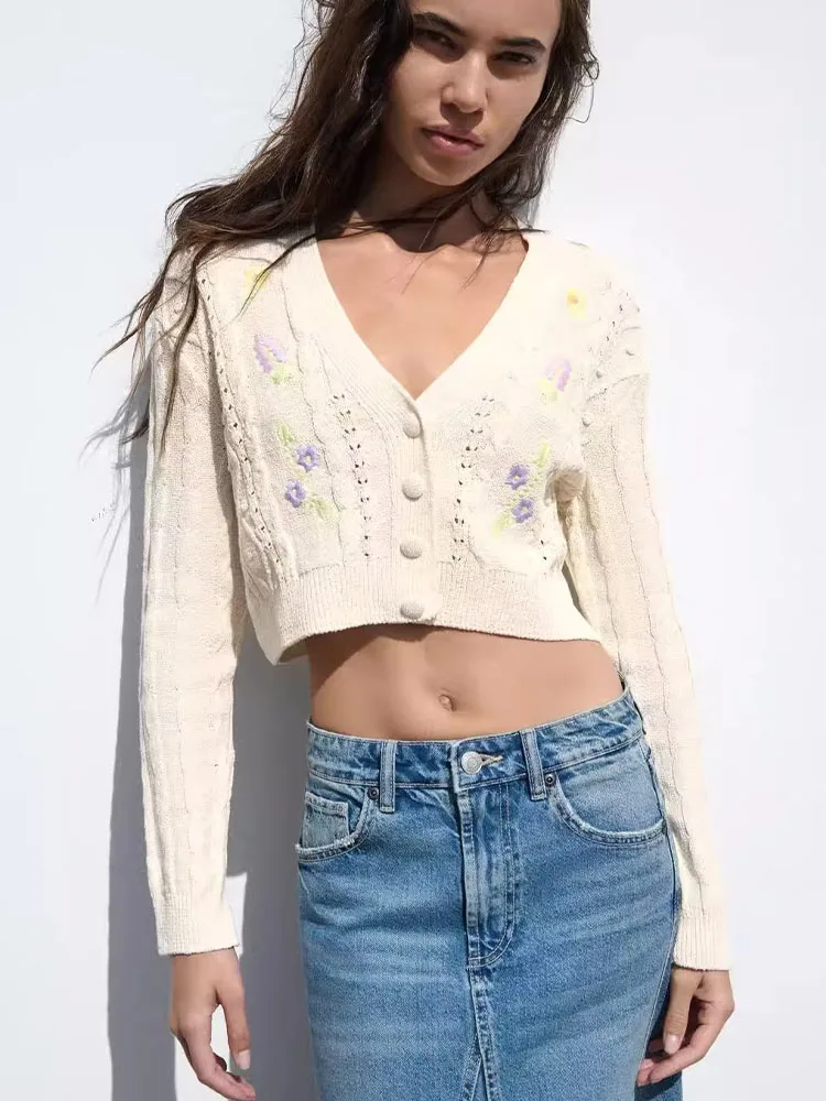 

2023 Summer Fashion New Navel Navel Short Long Sleeve Hollow Embroidery Sweater Knitted Cardigan Top Women's Clothing