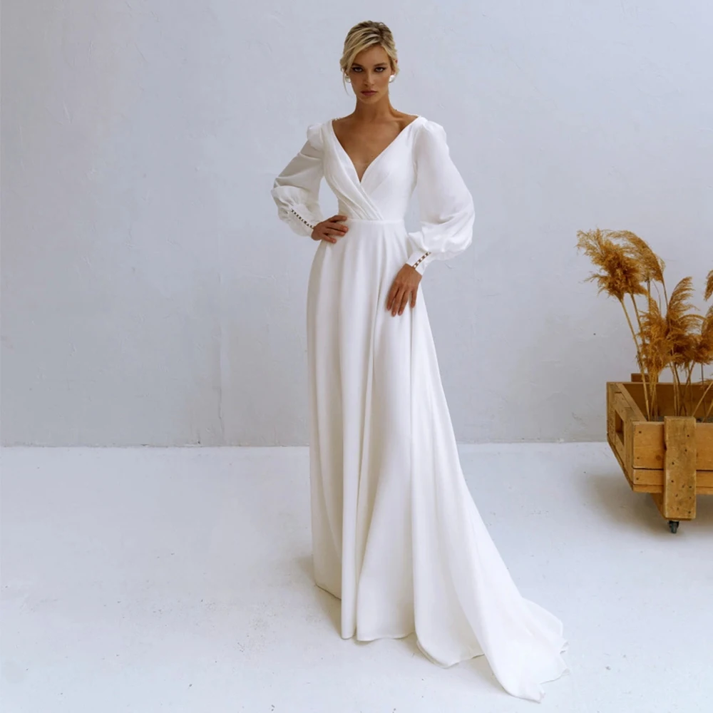 

Simple Women's A-Line V-Neck Weeding Dress Elegatn Full Sleevs Floor Length Pleats Jersey Pearls Bridal Gown Long Zippe Back