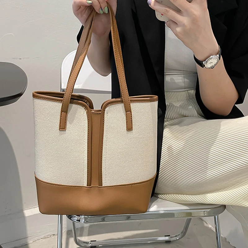 

Design Bucket Bag Leather Retro Bags Shoulder Women High Patchwork 2023fashion Quality Bag Simple