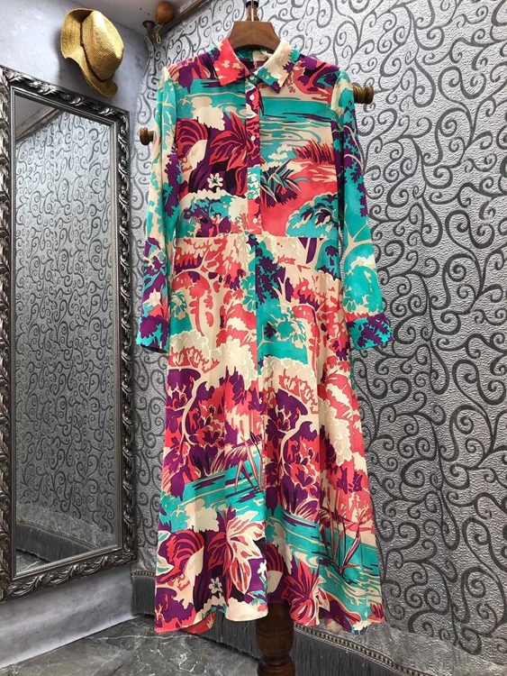 

Женское платье-рубашка с длинным рукавом, платье с отложным воротником, вышивкой и принтом, цветное платье 2022, новинка 0108