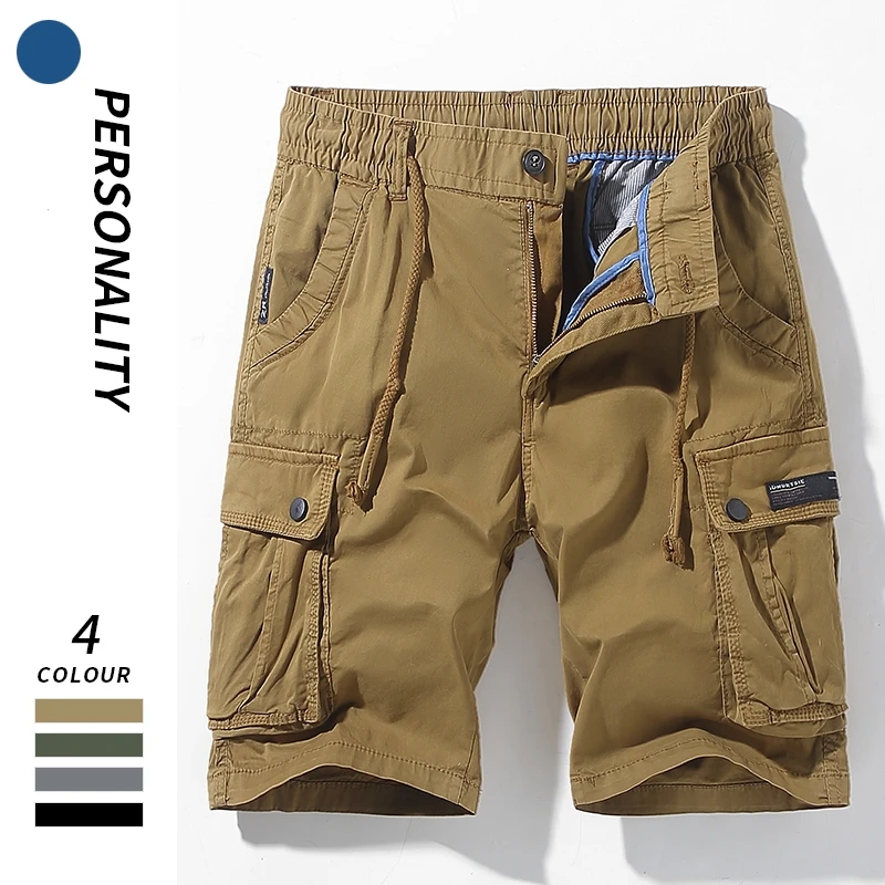 

2022 Summer Cotton Men Casual Shorts Fashion Safari Style Multiple Pockets Loose Solid Classic Khaki Black Shorts