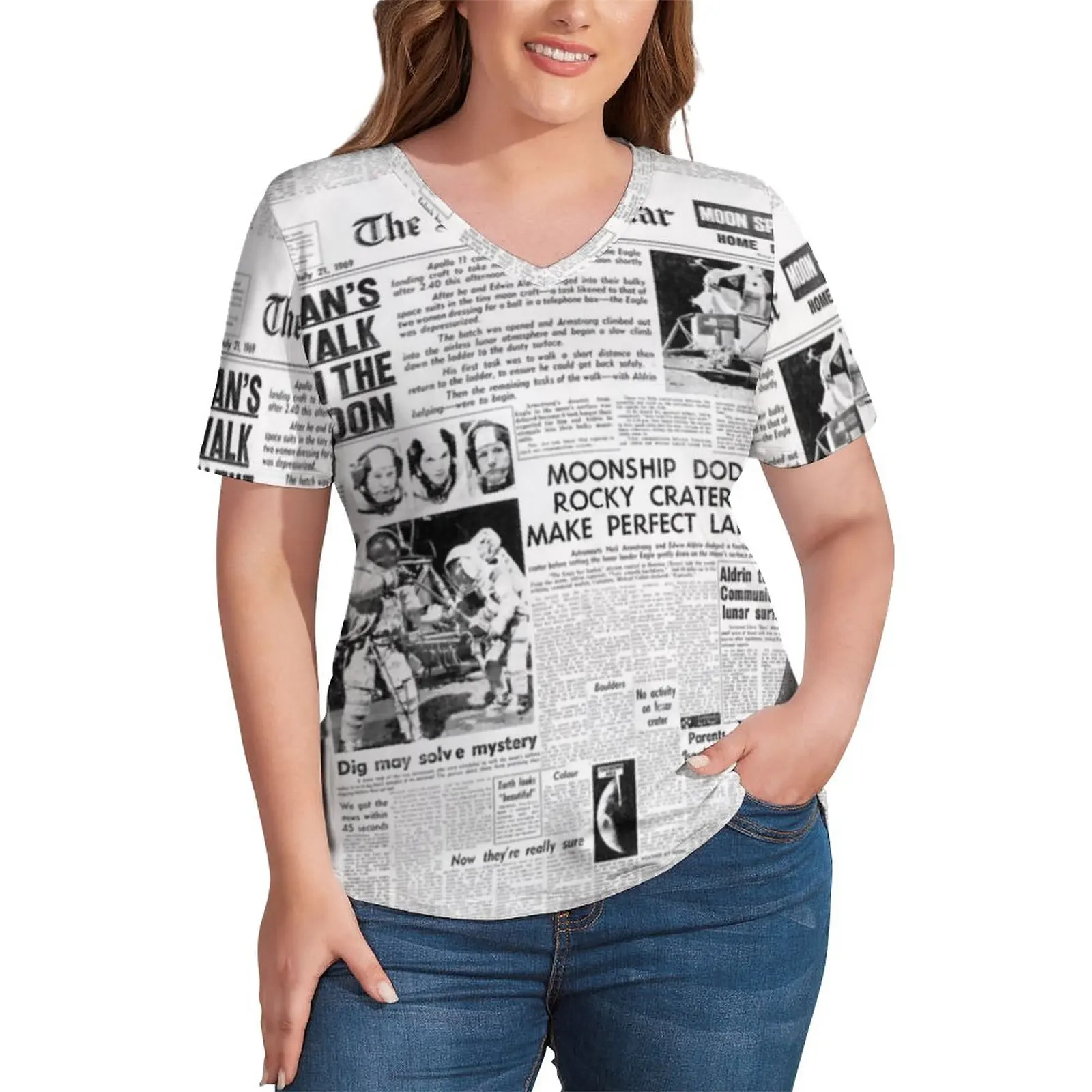 

Newspaper Headlines T Shirt Historic Moon Landing Pretty V Neck T-Shirts Short Sleeve Tshirt Summer Pattern Top Tees Large Size