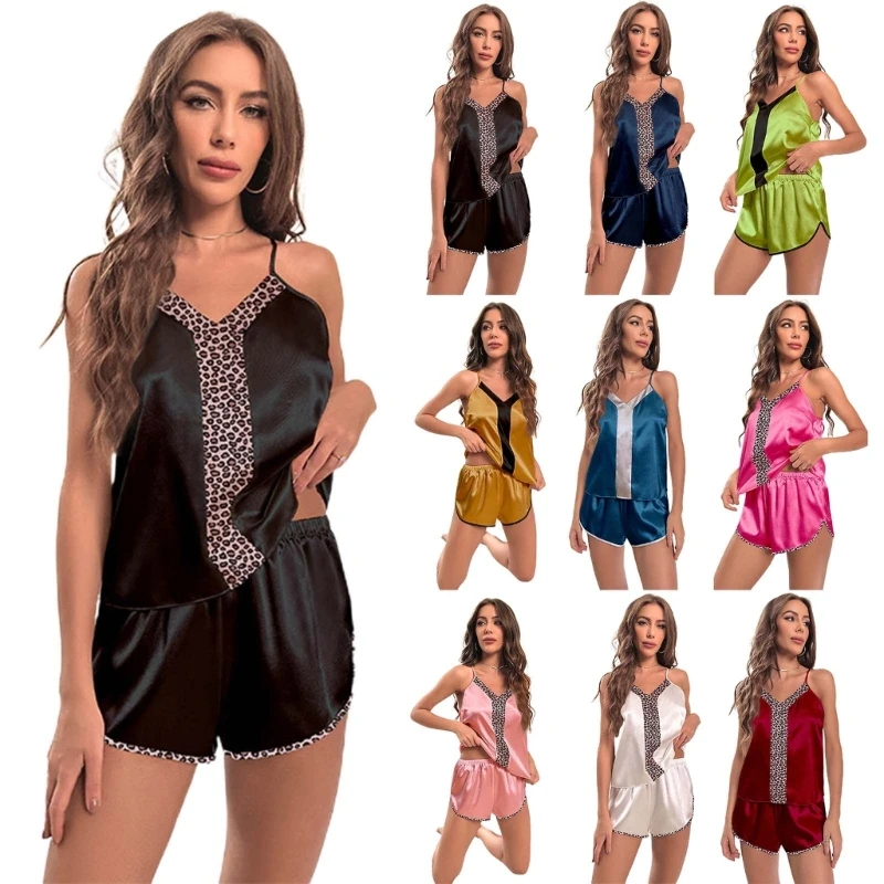 

L93F Women Pajamas Set Sexy Lingerie Sleepwear V Neck Print Cami Top with Pj Shorts