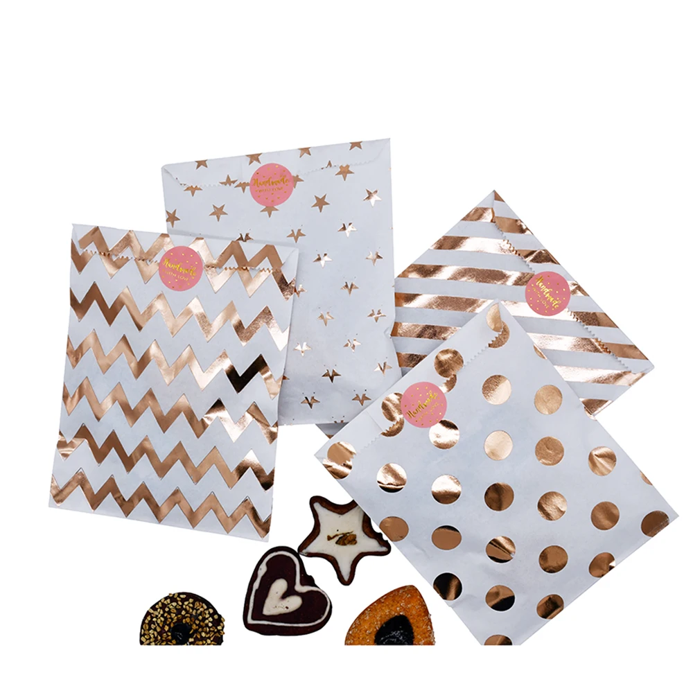 

5pcs Cookies Candy Bags Rose Gold Party Favor Gift Bags Chevron Polka Dots Twill Stripe Pattern Paper Pouch Baking Supplies