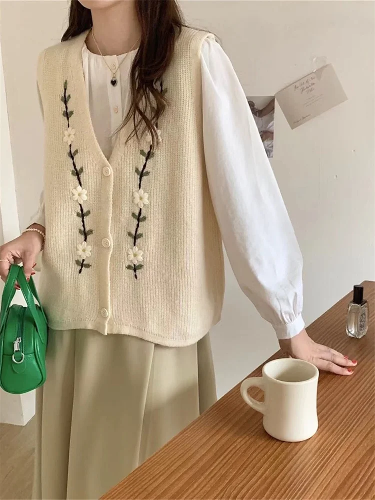 

Hsa 2022, женский свитер, жилет, кардиганы, v-образный вырез, Цветочная вышивка, вязанные зимние топы, корейский модный кардиган, mujer, трикотаж