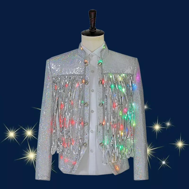 

NEW 2023 Handsome LED Lights Luminous Singer Top Stage Costumes Night Scene Tide Sequined Tassel Jacket Jackets for Men Coat Par