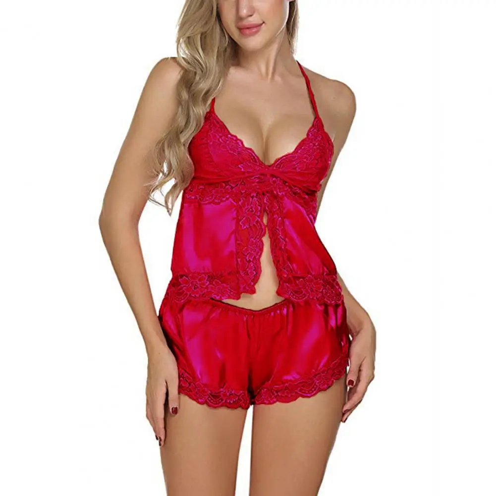 

1 Set Camisole Shorts Lace Hollow Out Sexy Smooth Spaghetti Strips Female See Through Nightdress Sleepwear Babydolls Pajamas