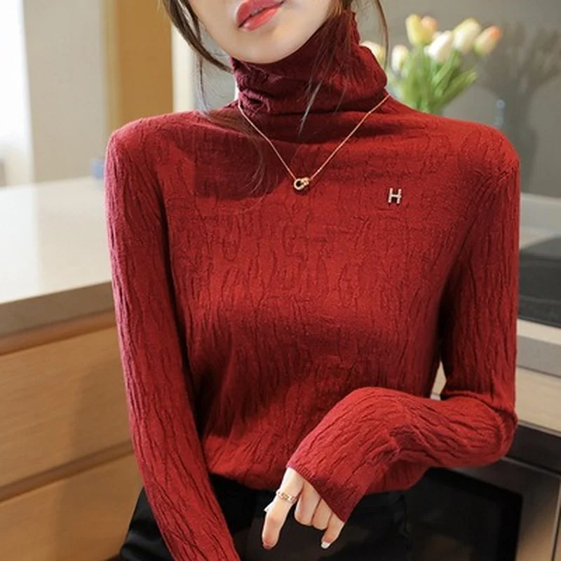 

Christmas Frilly Sweater Thin All-match Pullover Full Sleeve Turtleneck Elegant Solid Casual Elastic 2021 New Autumn Korean Tops