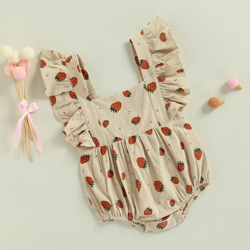 

Летний комбинезон для новорожденных девочек, комбинезоны в горошек с короткими рукавами, оборками и открытой спиной, с клубничным принтом