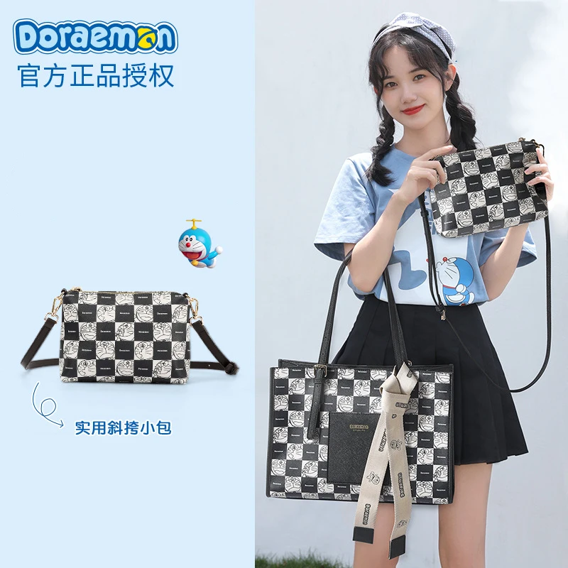 

Doraemon Kawaii 2022 New Dora Checkerboard Tote Bag Brand Child Mother Bag Niche Design Women's Bag Ins