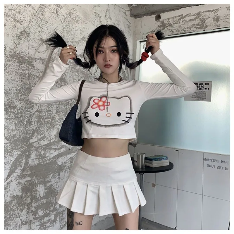 

Sanrios мультфильм Hellokittys Горячая Девушка Открытый пупок Футболка Топ Kawaii сексуальный плотный Топ с длинным рукавом Милая модная одежда