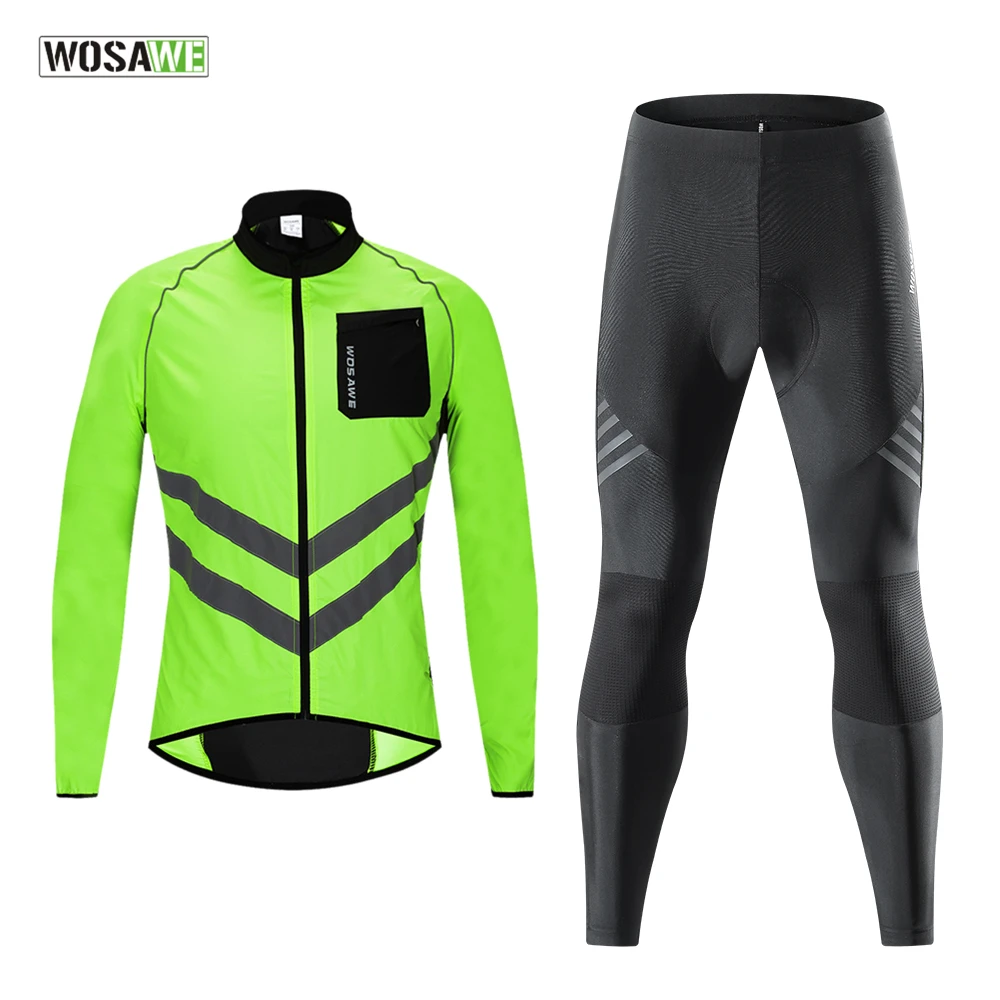 

WOSAWE Reflective Cycling Windbreaker Ultralight Jacket Set Long Sleeve Jersey Thin Cycling Clothing 3D Pad Bike Pant Tights