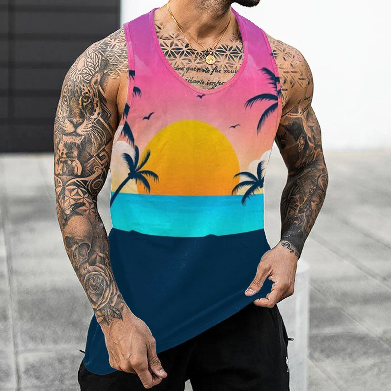 

Men's Hawaii Coconut Tree Print Sleeveless Tee Tank Tops Summer Casual Beach Vest O Neck Shirt Fitness Gym Clothing Bodybuilding