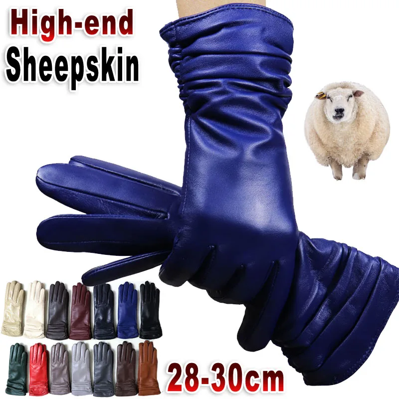 Sheepskin leather gloves women's knitted 70% wool flannel lining warm in autumn and winter high-end touch screen leather gloves