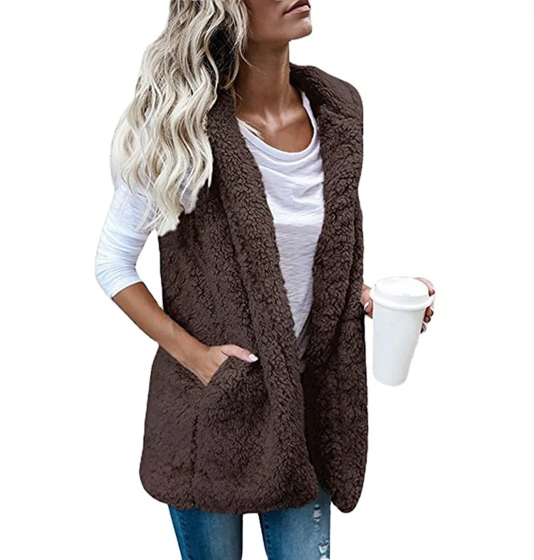 Autumn Winter plus Size Women's Clothing Fashion Solid Color Sleeveless Hooded Pocket Waistcoat Furry Vest
