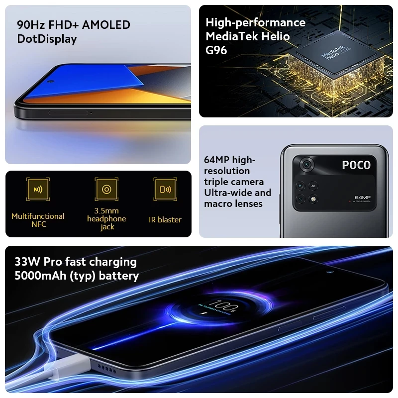 Смартфон глобальная версия POCO M4 Pro 4G 6 ГБ 128 ГБ/8 256 Восьмиядерный Helio G96 камера 64 мп 90
