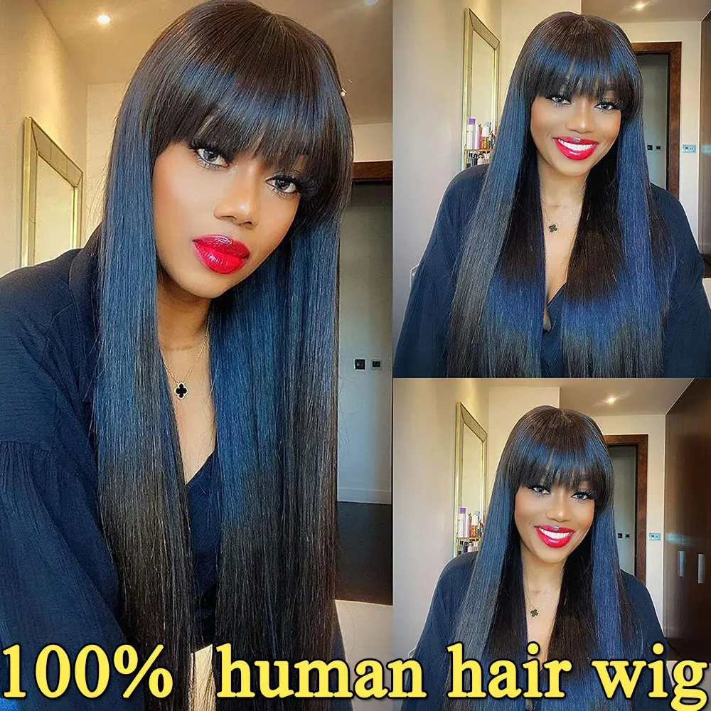 

100% Human Hair Wigs Straight Hair With Bang Fringe For Women Brazilian Bob Wig Glueless Full Machine Made With Bangs 30 Inch