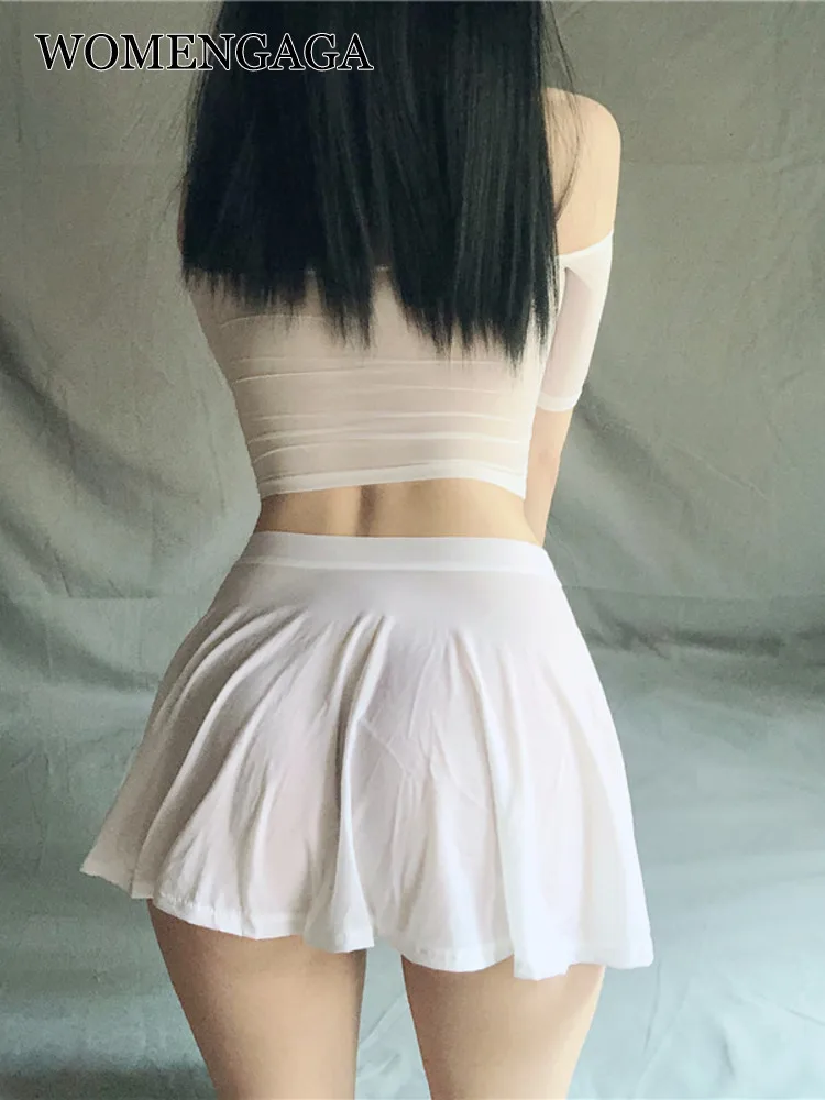 

WOMENGAGA Mesh Lace Transparent Sweet Mini Skirts A-LINE Hot Sexy Kroean Women 2022 Summer Streetwear School Girl Uniform B7T3