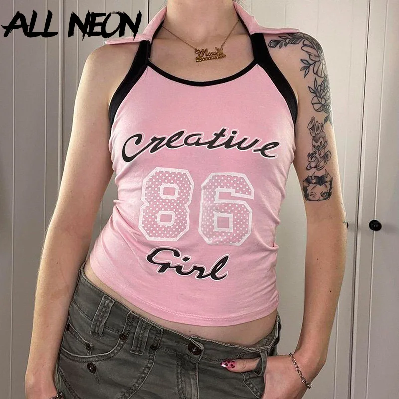 

ALLNeon Y2K Letter Print Sexy Backless Halter Tops Girls Pink Fairy Lapel Collar Tanks Top Basic Sweet Cropped Vest Outfits Slim