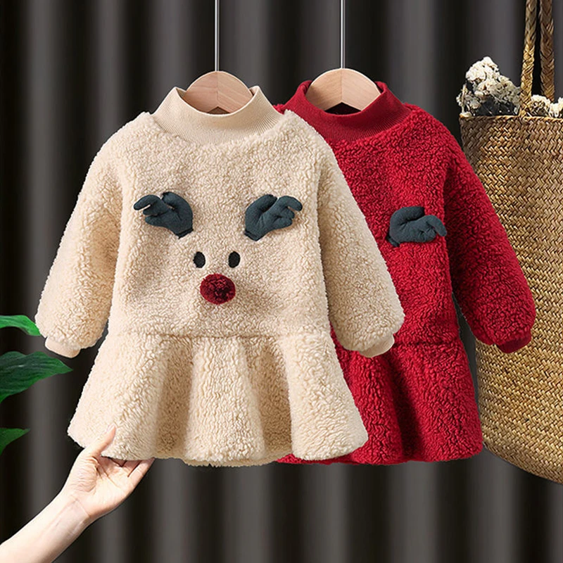 

1 2 3 4 5 6 Years Toddler Girl Clothes Autumn Winter Fleece Long Sleeve Dresses For Girls Cute Elk Christmas Princess Baby Dress