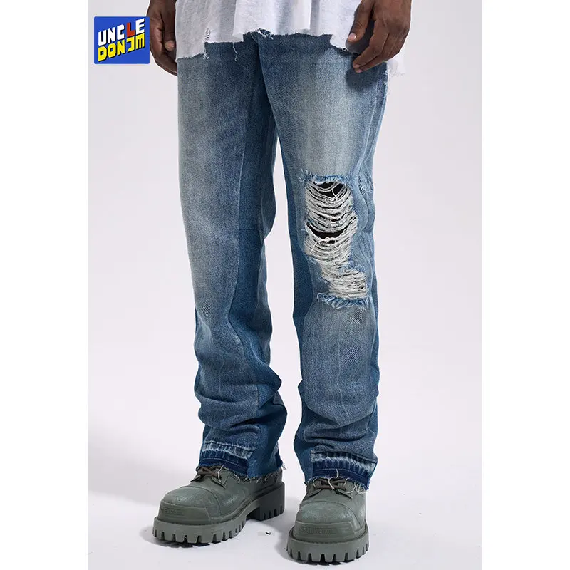 

UncleDonJM Broken Knee Micro-flared Jeans Korean Luxury Clothing Denim Jeans for Men Y2k Pants Ripped Jeans Men's Trousers