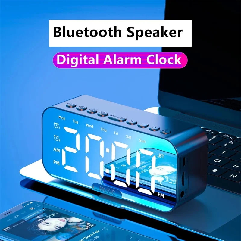 

LED Digital Alarm Clock Mirror Bluetooth Speaker Electronic Clock Large Display Real-time Temperature Week Display FM Radio