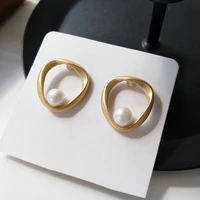 cute kpop pearl stud earrings for women girl 2022 korean trend gold irregular geometric fashion jewelry accessories wholesale
