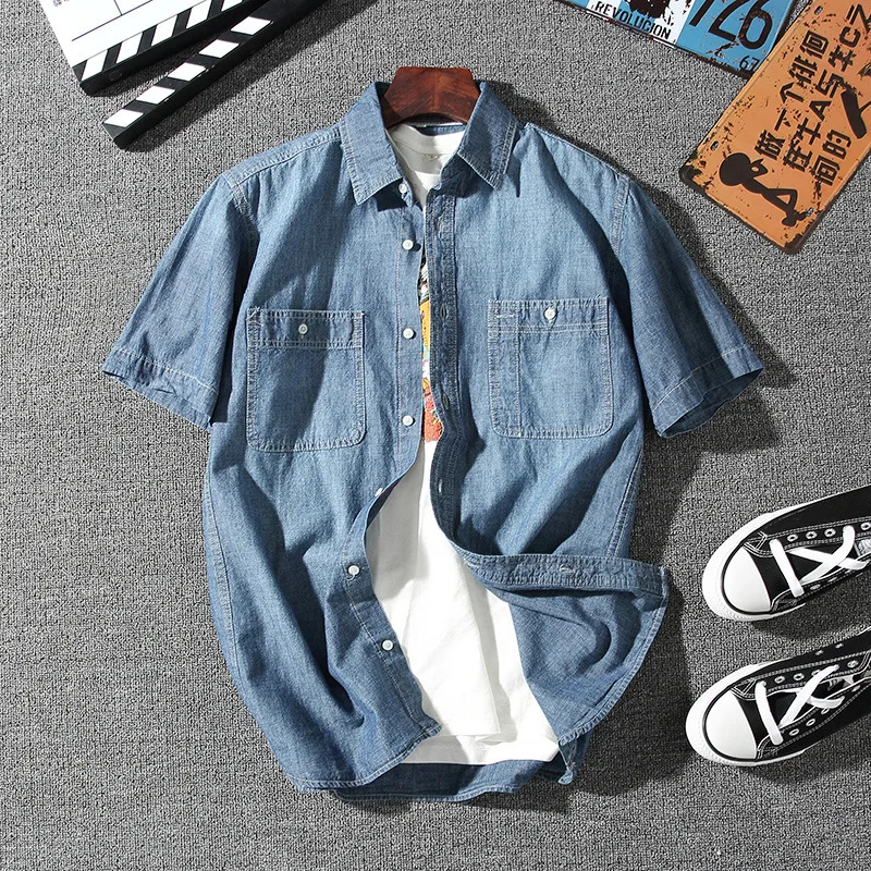 Летняя тонкая Новая мужская джинсовая рубашка с короткими рукавами и двойными
