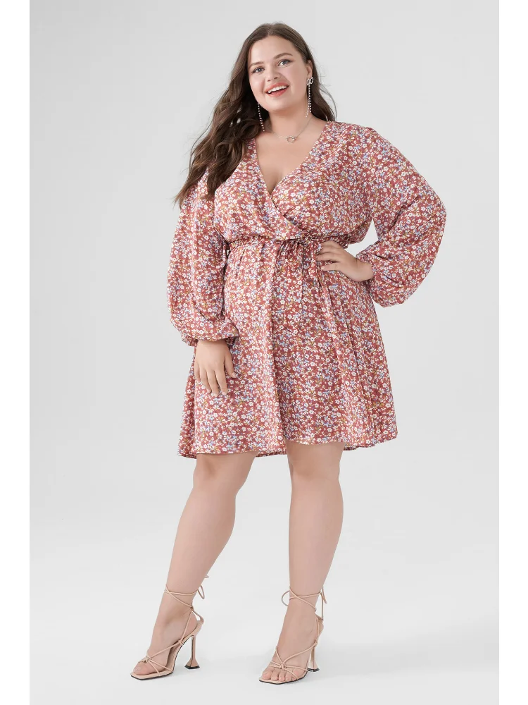 Fragmented Flower Dress for Women's Summer New Product Long sleeved V-neck Slim Fit plus size women clothing