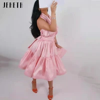 jeheth sexy short pink soft satin evening dresses a line halter pleated tea length backless cocktail prom party gowns
