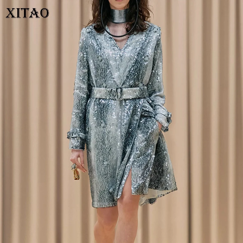 

XITAO Fashion Sequins Short Dress Sets Temperament V-neck Bandage Sequins Windbreaker Coat Two Piece Sets New Women WMD4941