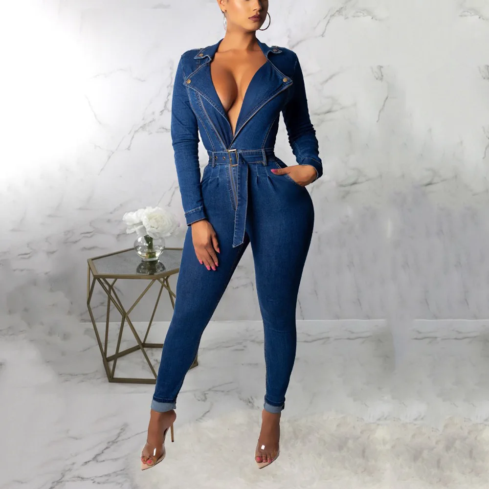 Sexy Jeans Jumpsuits & Rompers for Women Full Sleeve V Neck High Waisted Bodycon Skinny Elegant Denim Overalls Clothes Jumpsuits
