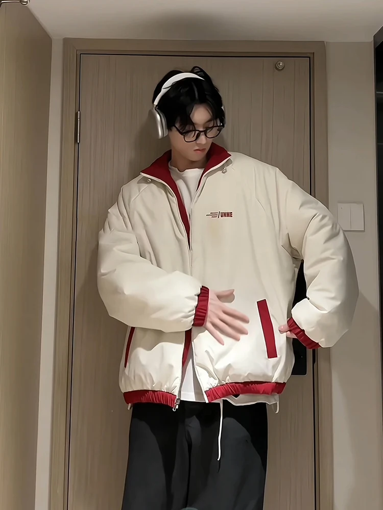 Ankela Red Down jacket Men's Winter Thickened Design Double-Sided Wear Jacket Cotton-padded jacket American High Street down ...