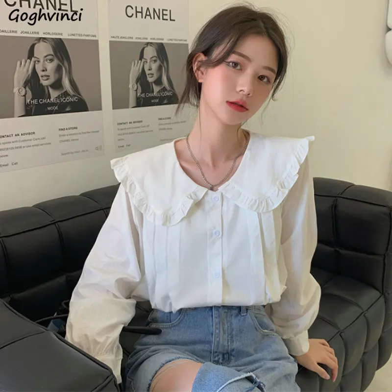 

Sweet Casual Shirts Women Peter Pan Collar New Ins Korean Fashion Simple Clothes Stylish All-match Autumn College Girls Ulzzang