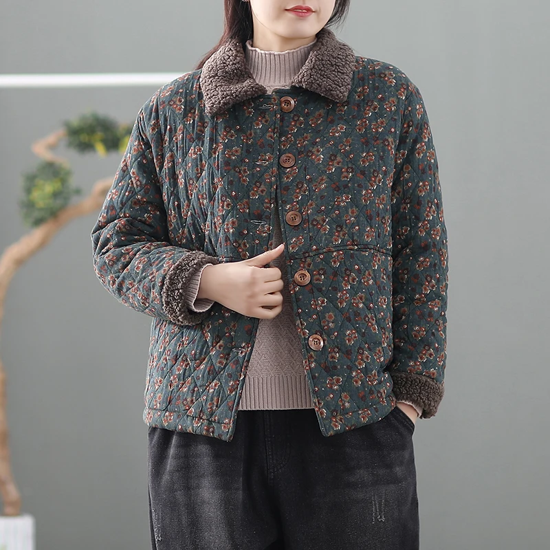 

Winter Women Coat Thick Retro Floral Cotton-padded Warm Wool Long Sleeve Vintage Women Coat YoYiKamomo