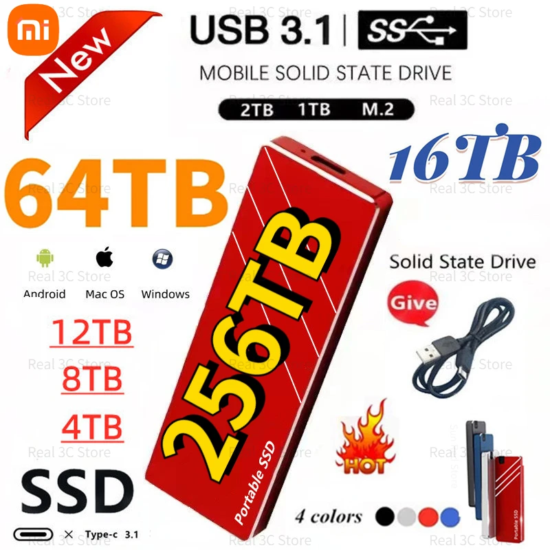 

2023 Xiaomi Portable SSD USB3.1 Mobile Solid State Drives High Speed 4TB 8TB Hard Disks Type-C Hard Drives for Laptops 256tb