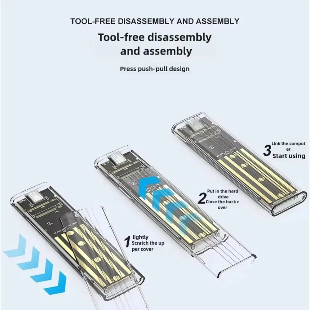 Фото Корпус M.2 NVME SATA SSD USB3.1 Gen1, прозрачный внешний жесткий диск, бесплатный инструмент, адаптер корпуса 10 Гбит/с для 2230 2242 2260 2280 №5