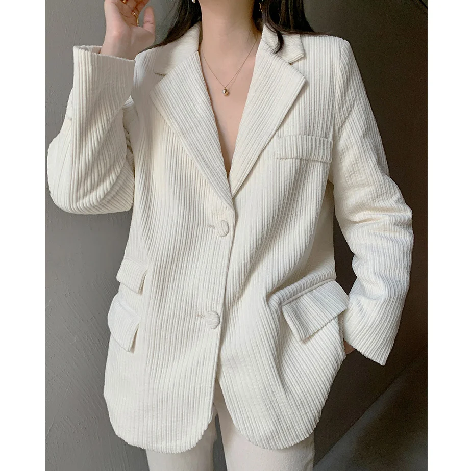 Corduroy Blazer Female White 2023 Office Lady White Blazers Casual Trendy Fashion New Clothing Solid Jacket