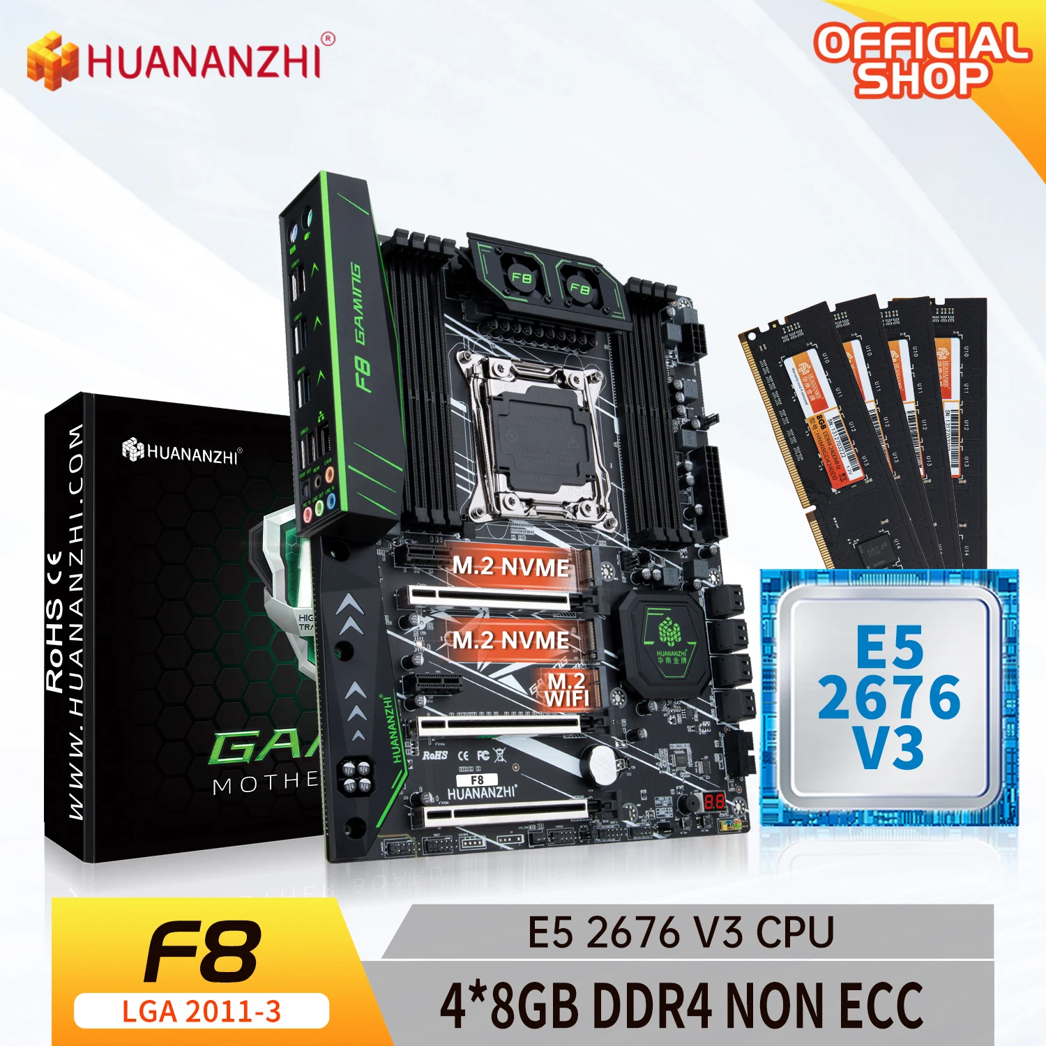 

HUANANZHI F8 LGA 2011-3 Motherboard with Intel XEON E5 2676 v3 with 4*8G DDR4 Non-ECC memory combo kit set NVME SATA USB